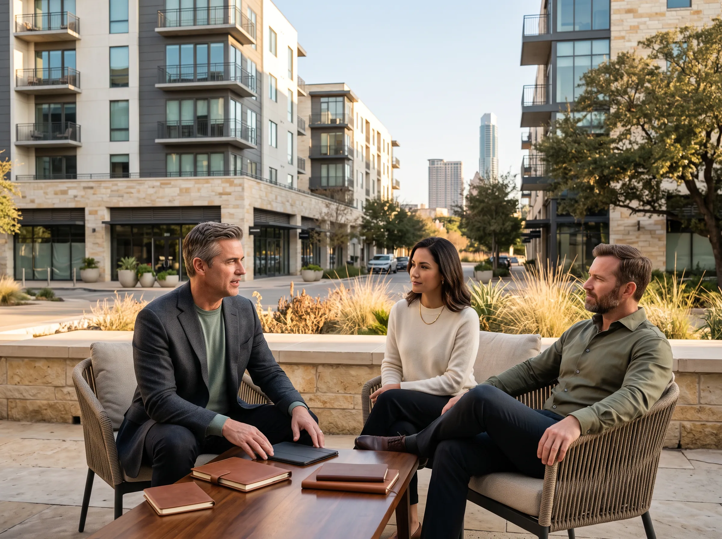OTIMA partners discussing multi-decade investment strategy on outdoor terrace