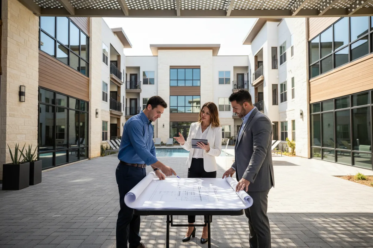 OTIMA in-house operations and asset management leadership team reviewing on-site blueprints