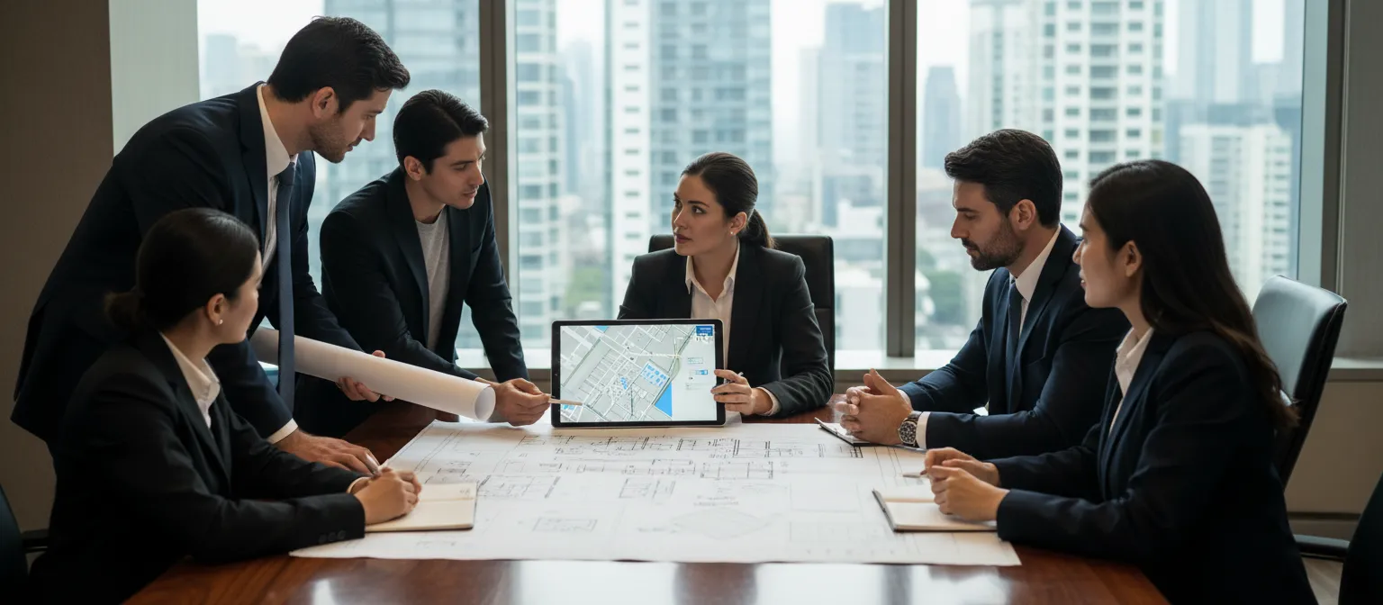 Investment team reviewing architectural plans