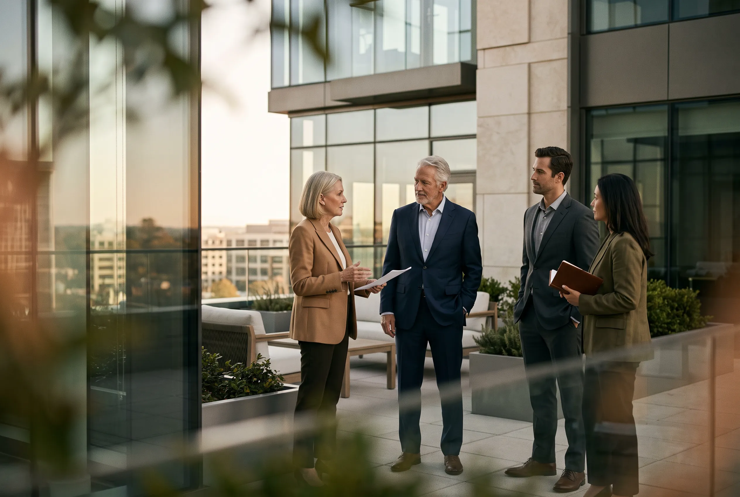 OTIMA executive team and investment partners on a modern corporate terrace