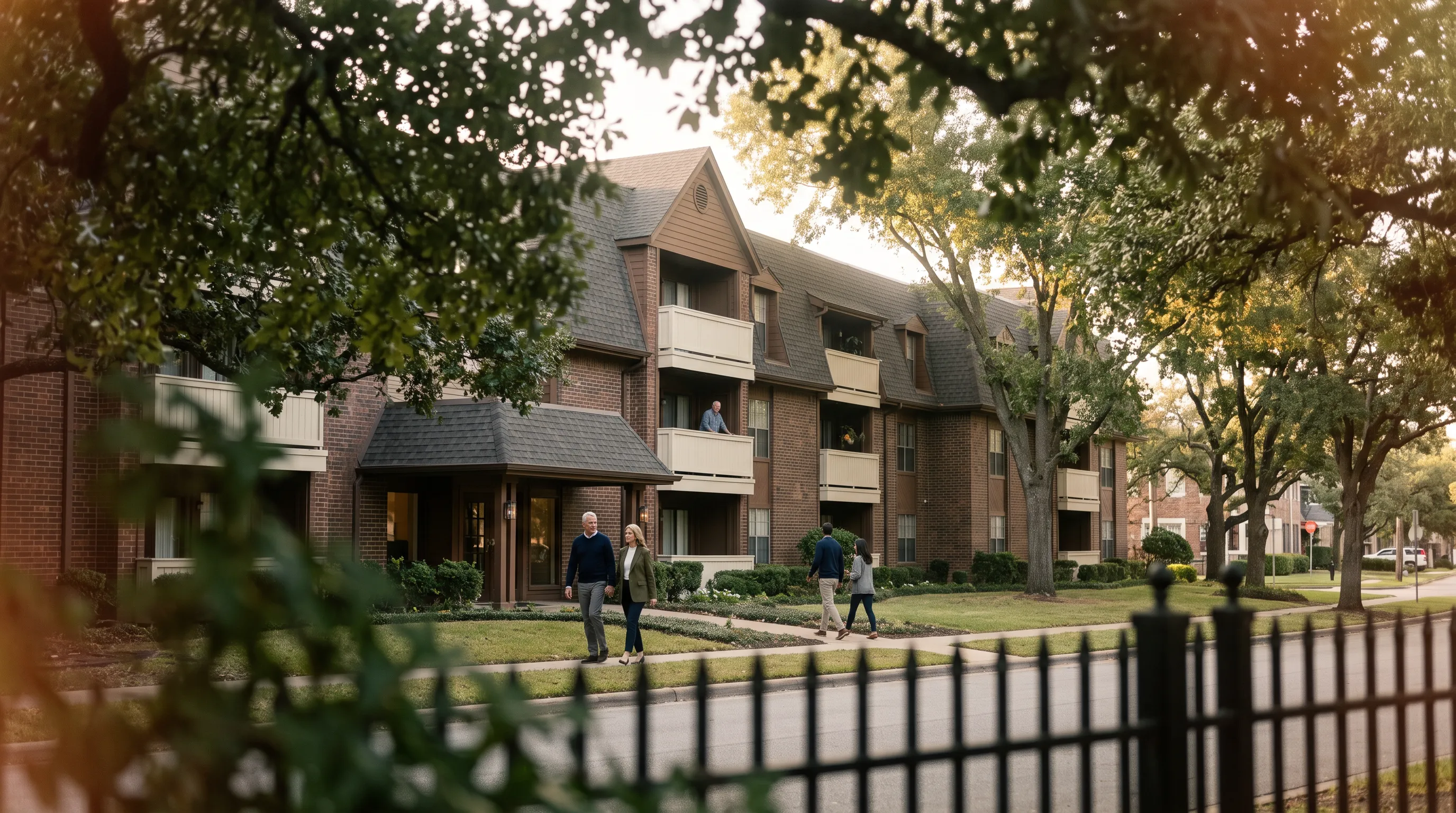 Well-maintained brick Class B apartment community with tree-lined walkway