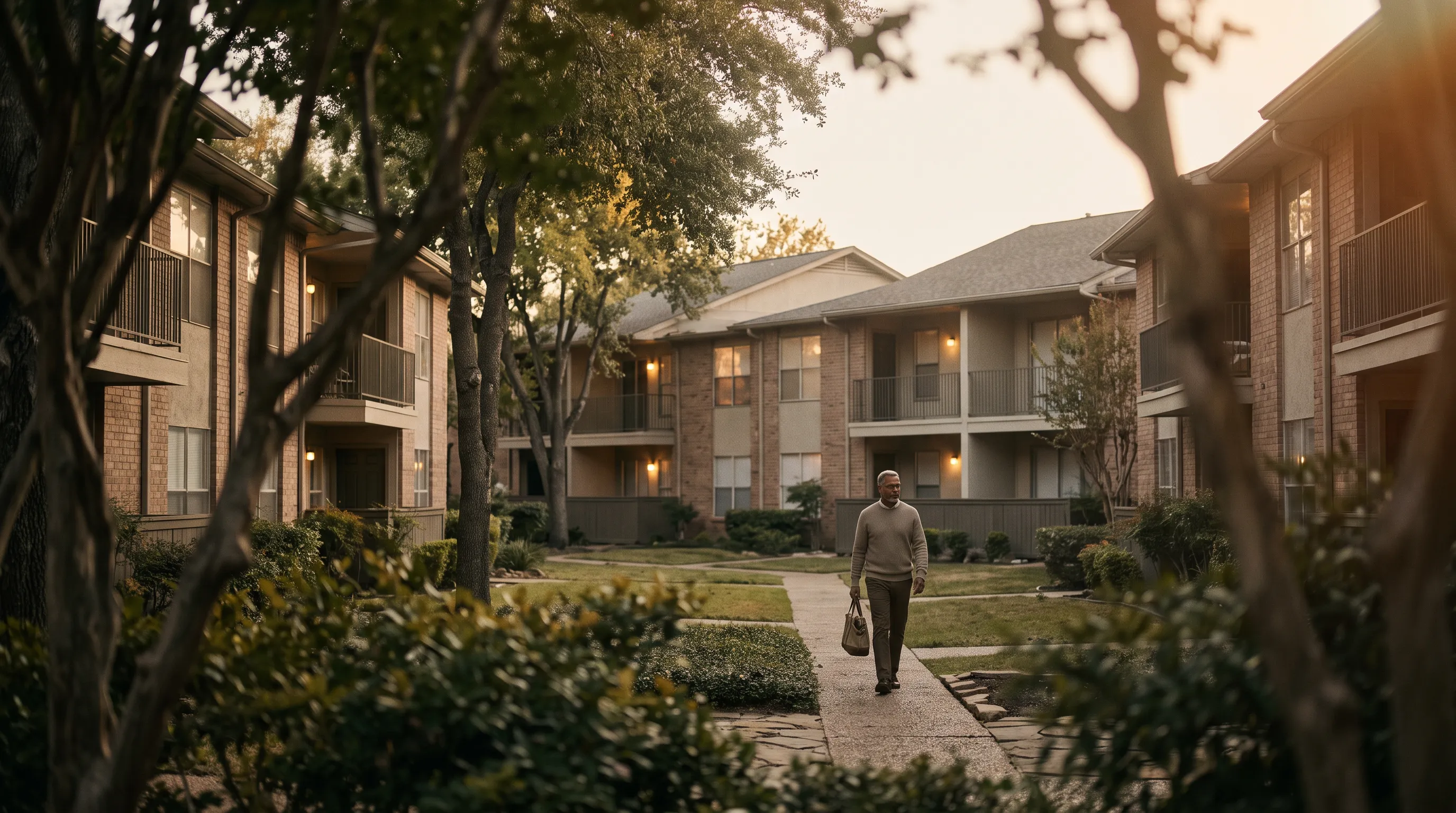 Resident walking through garden courtyard of garden-style apartment complex