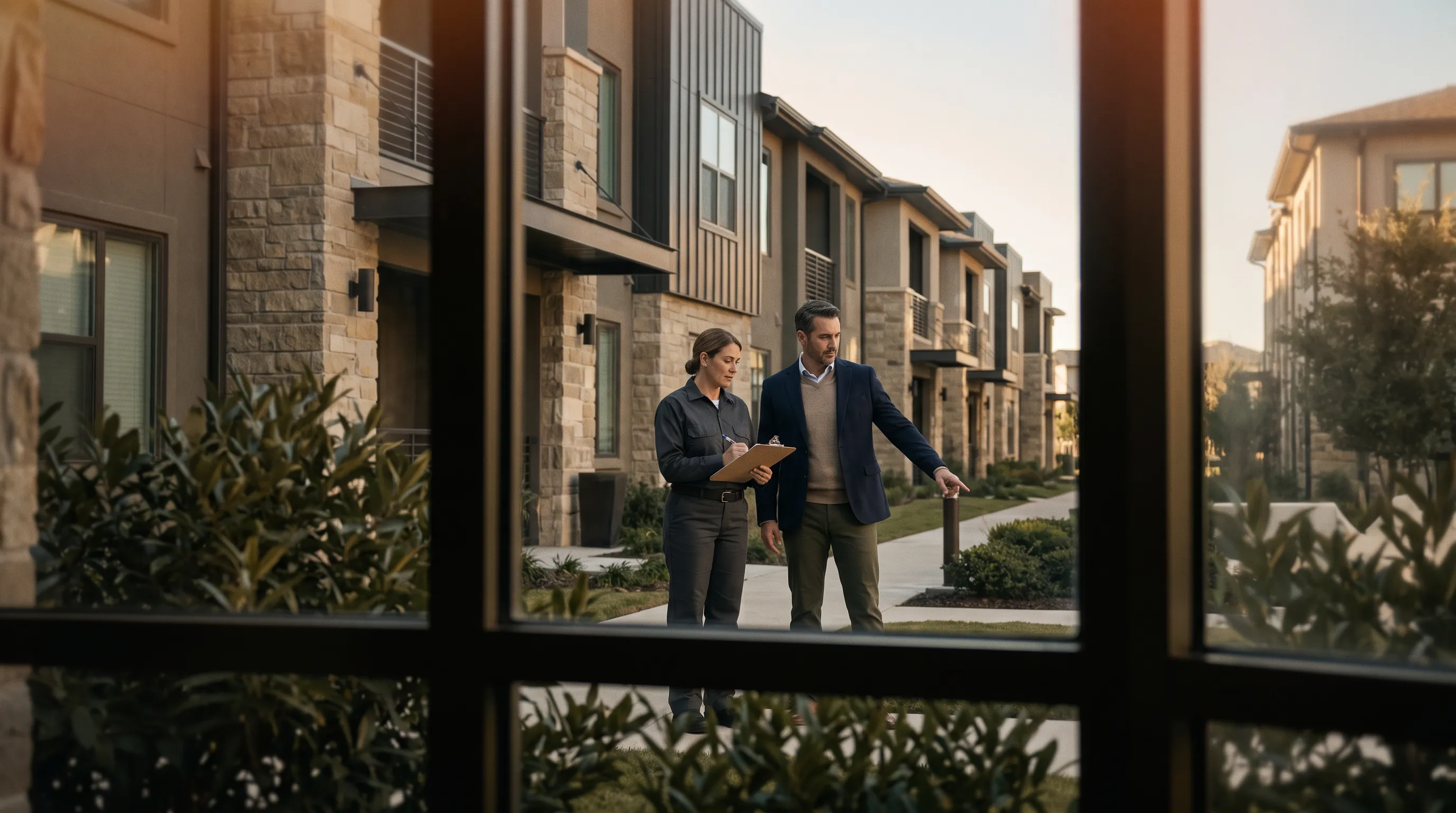 Property operators reviewing multifamily apartment buildings and grounds with operational improvement potential