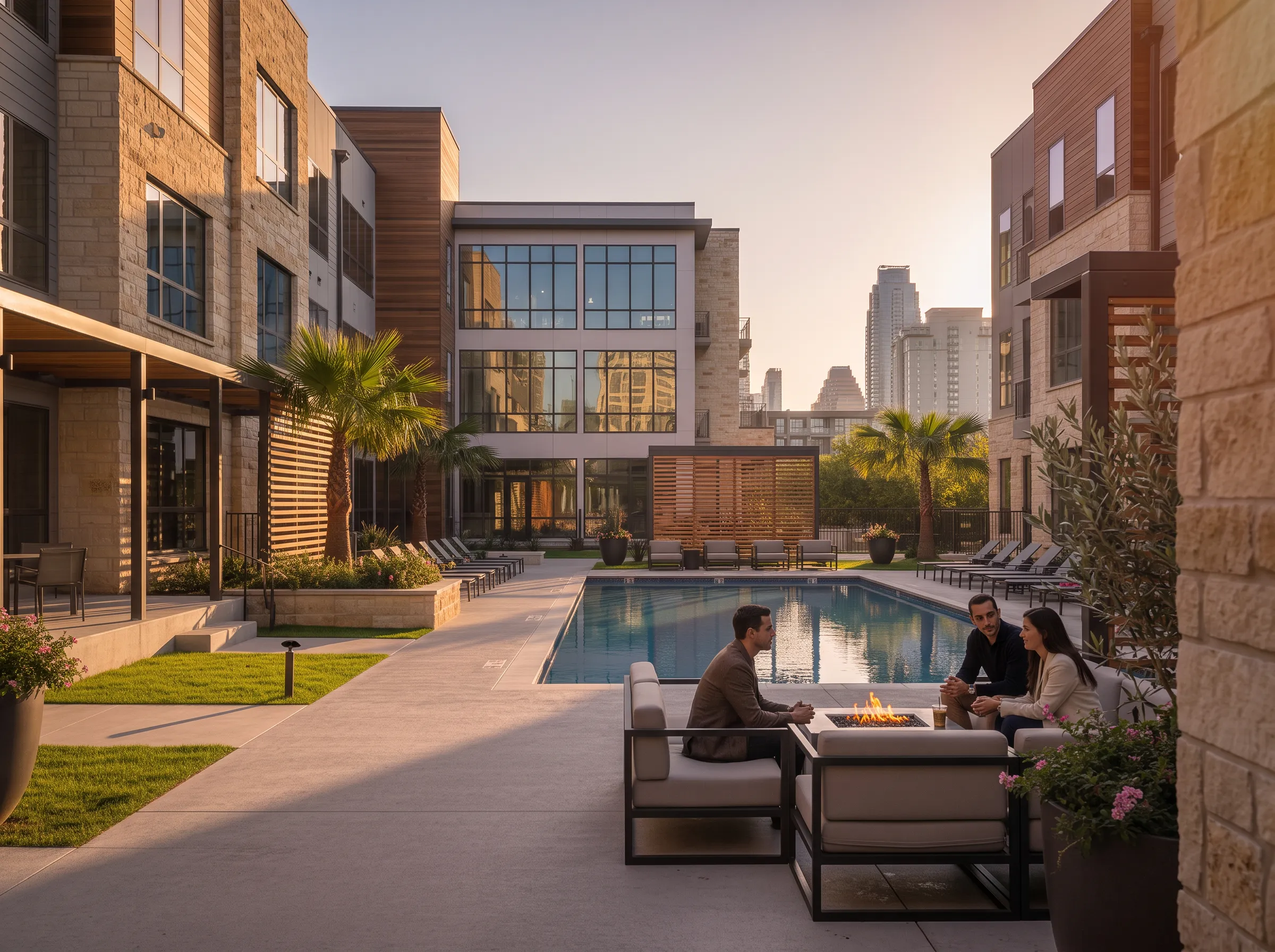 Multifamily Class B community pool and courtyard at dusk