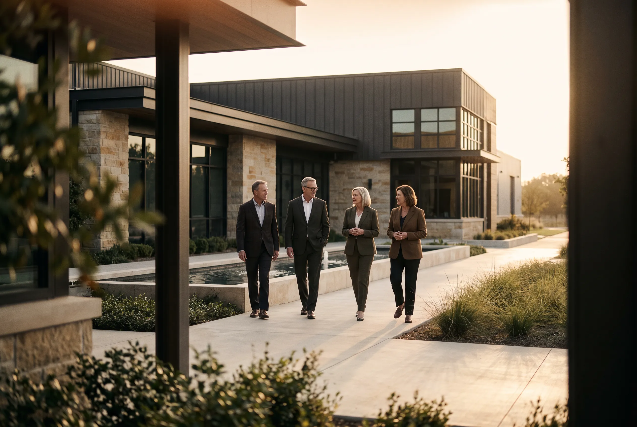 Executive business leadership team walking outside corporate headquarters