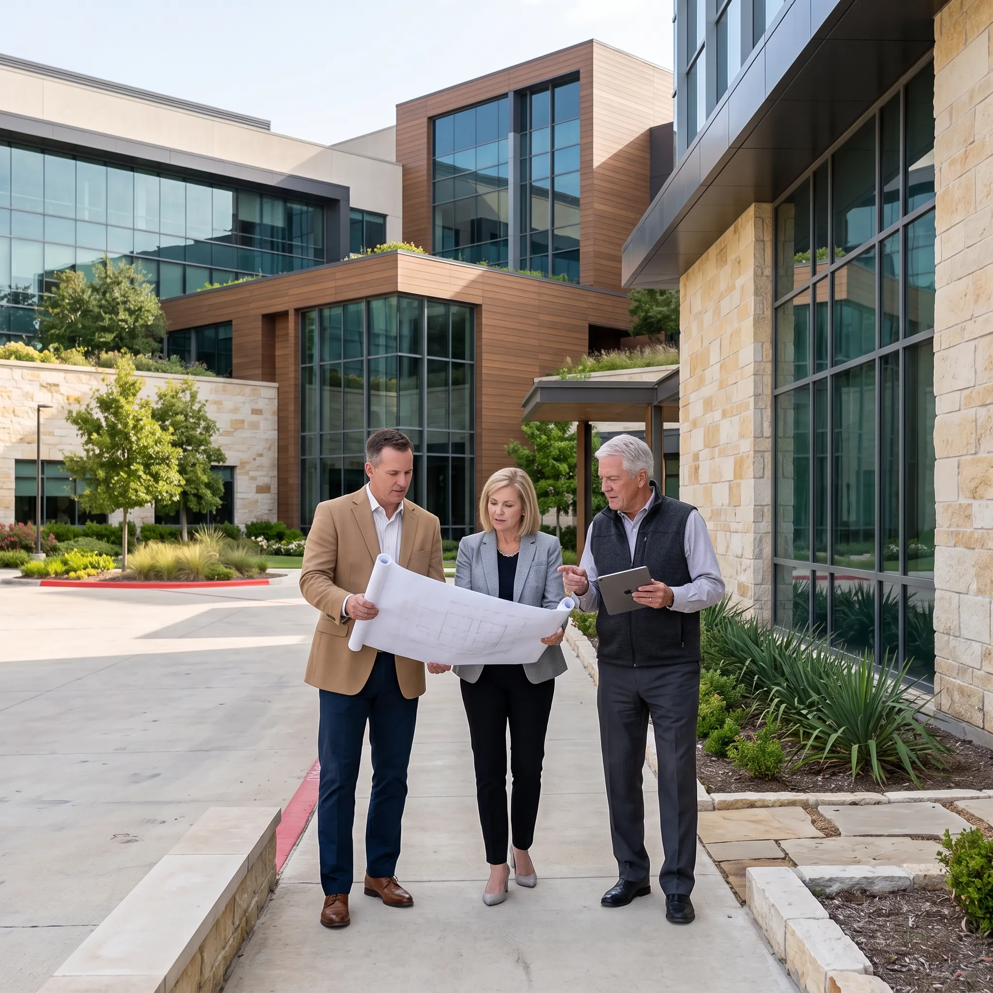 Executive team reviewing blueprints outside property