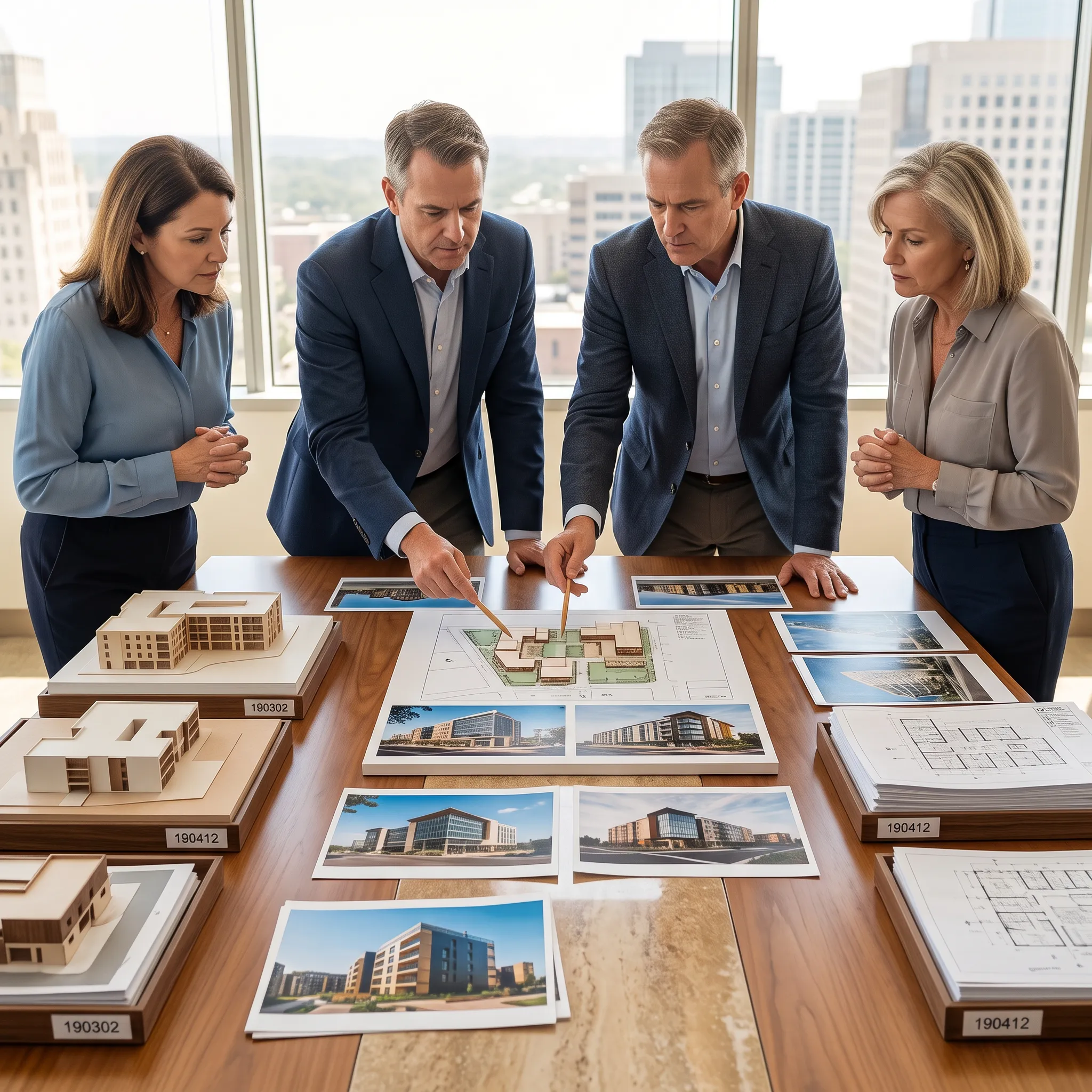 Investment committee evaluating properties and blueprints